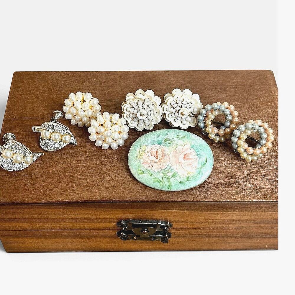 Vintage Earrings and Ceramic Hand Painted Floral Brooch Pin Small Lot